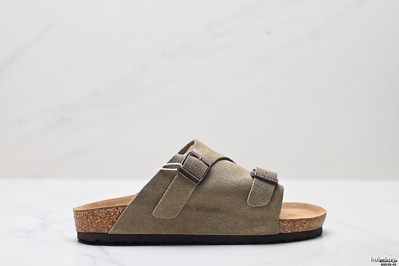Birkenstock Vintage-Style Double-Buckle Khaki Cork Slide Sandals