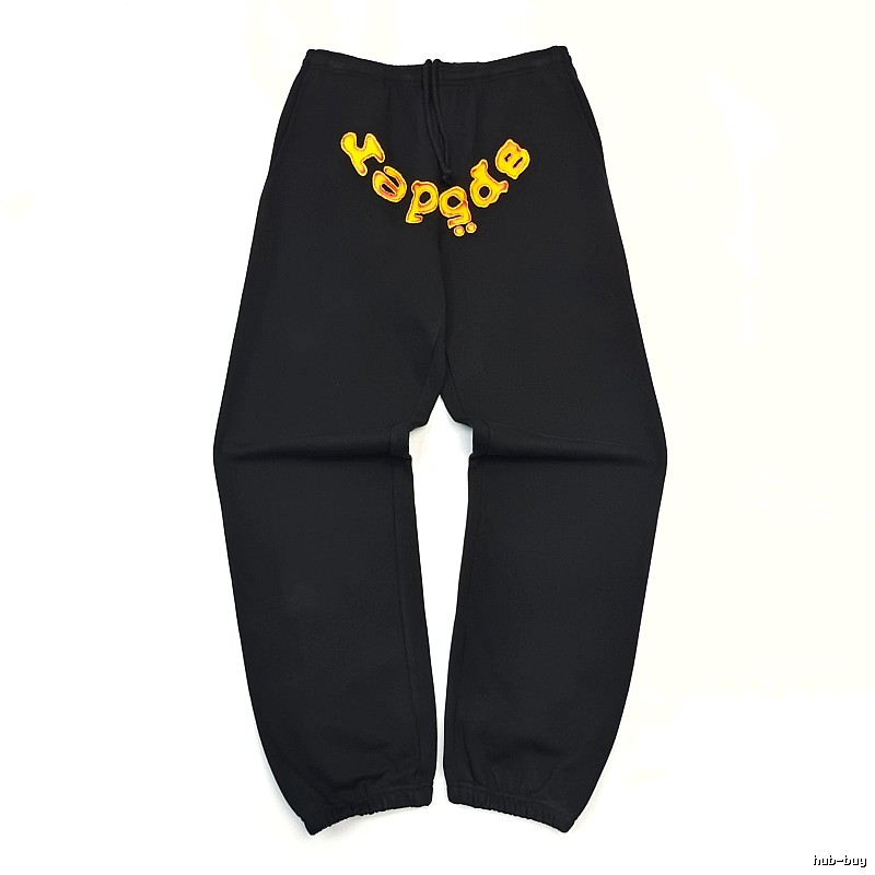 Bold Yellow Wordmark Graphics And Cuffed Hems Black Sp5der Logo Sweatpants