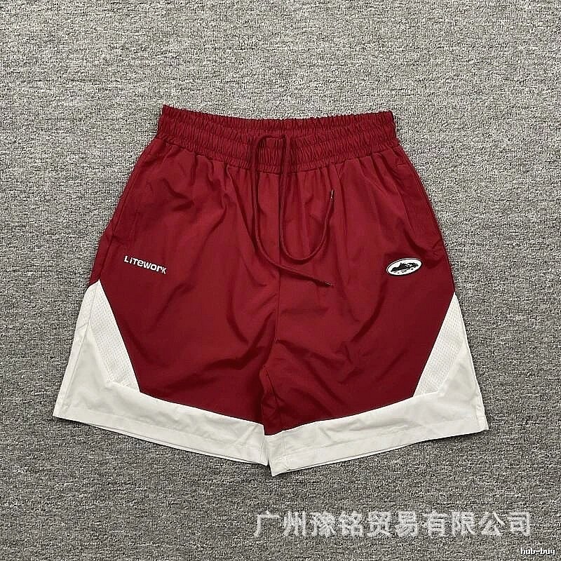Corteiz Street Style Burgundy and White Colorblock Sports Shorts