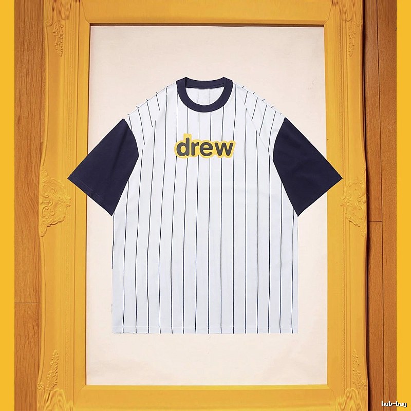 DREW Letter Print Street Style White and Navy Blue Short Sleeve T-Shirt