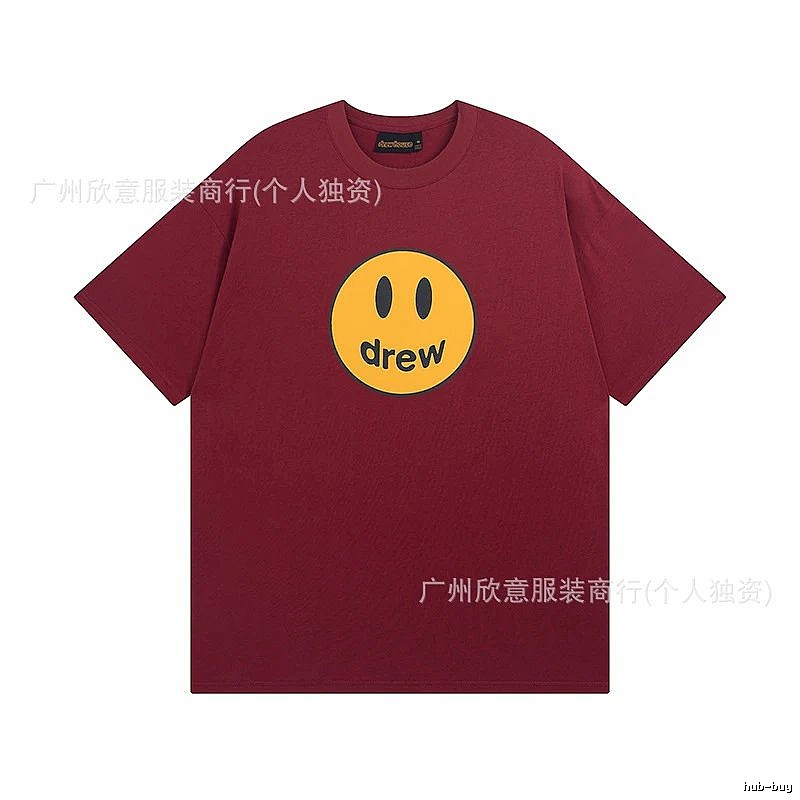 DREW Smiley Face Streetwear Style Burgundy Short Sleeve T-Shirt