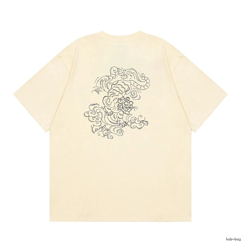 KENZO Auspicious Cloud Tiger Embroidery Chinese Style Beige Apricot Short Sleeve T-Shirt