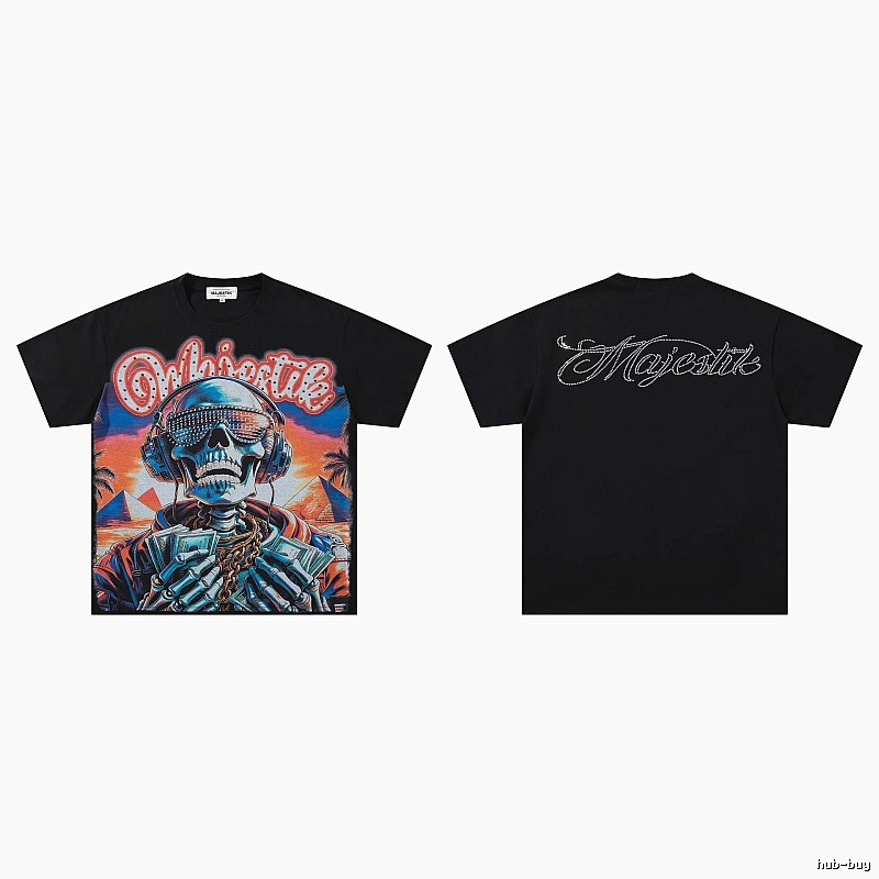 MAJESTIK Skull Print Hip-hop Style Black T-shirt