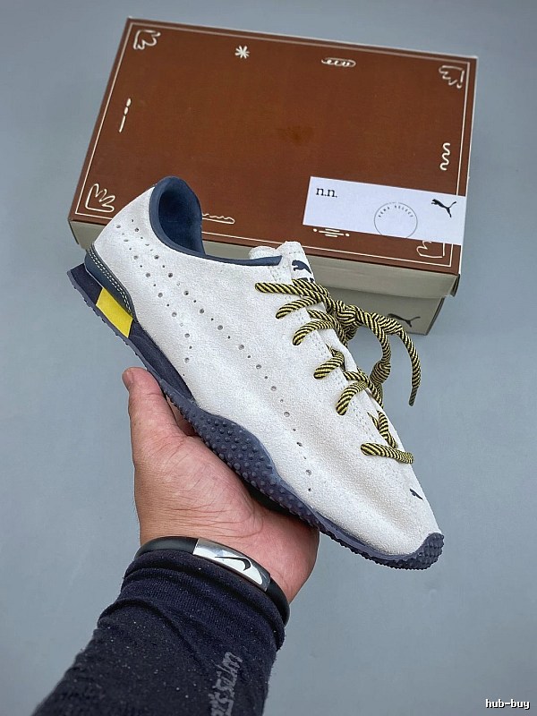 PUMA White, Navy and Yellow Suede Low-Profile Sneakers Highlighting Everyday Court Profile