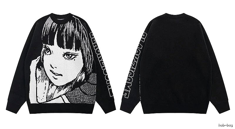 Relaxed Anime graphic sweater Black Knit Top with Versatile Design