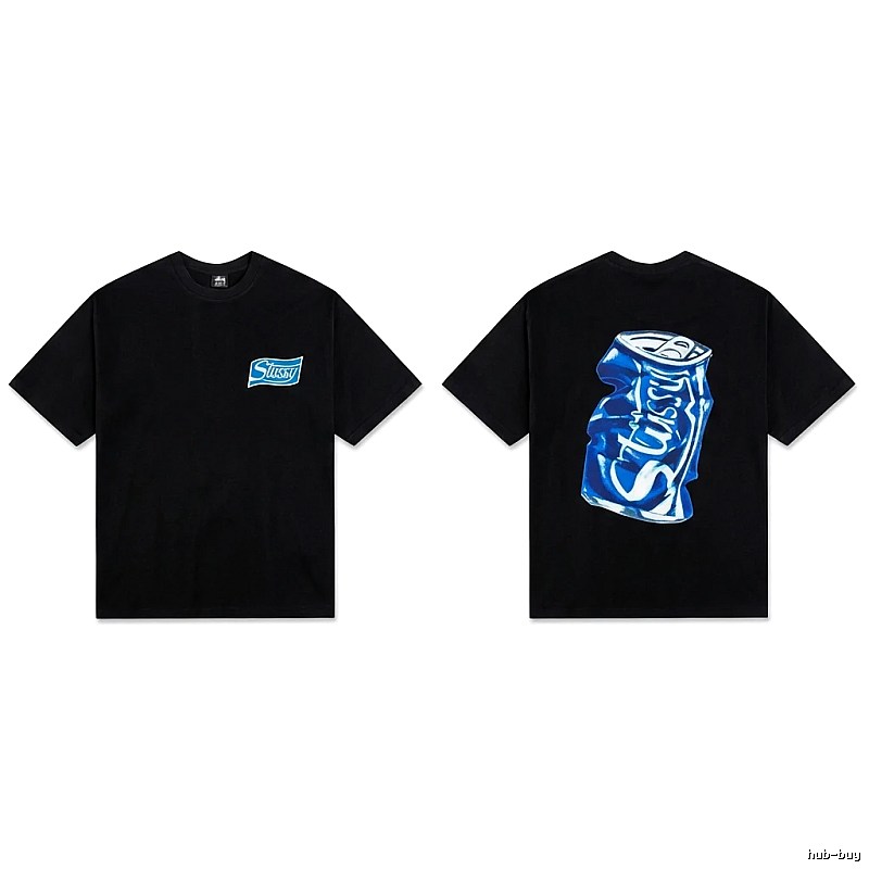 Stussy's black T-shirt with a can-style design