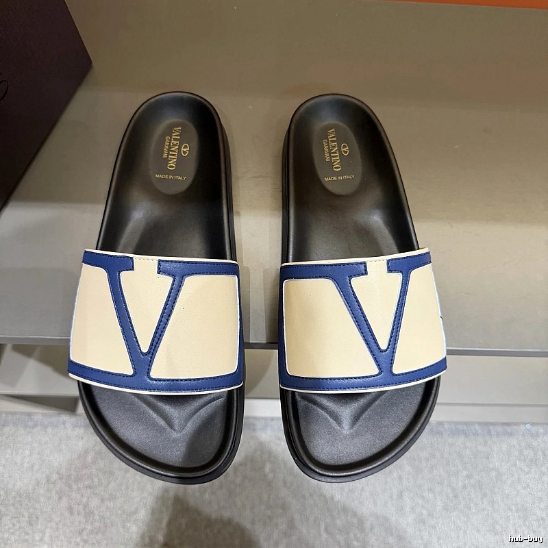 Valentino Big V Light Luxury Blue & Beige Color-block Slide Sandals