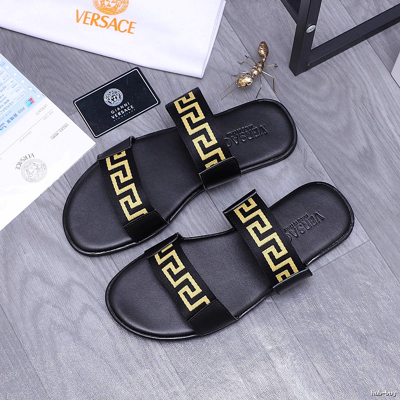 Versace Greek Key Light Luxury Black & Gold Slide Slippers